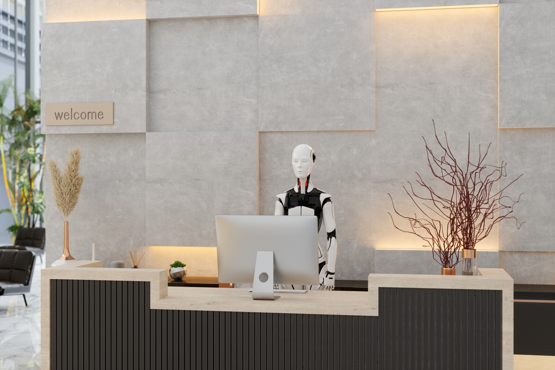 Luxury Hotel Lobby With Smart Robot Working As Receptionist