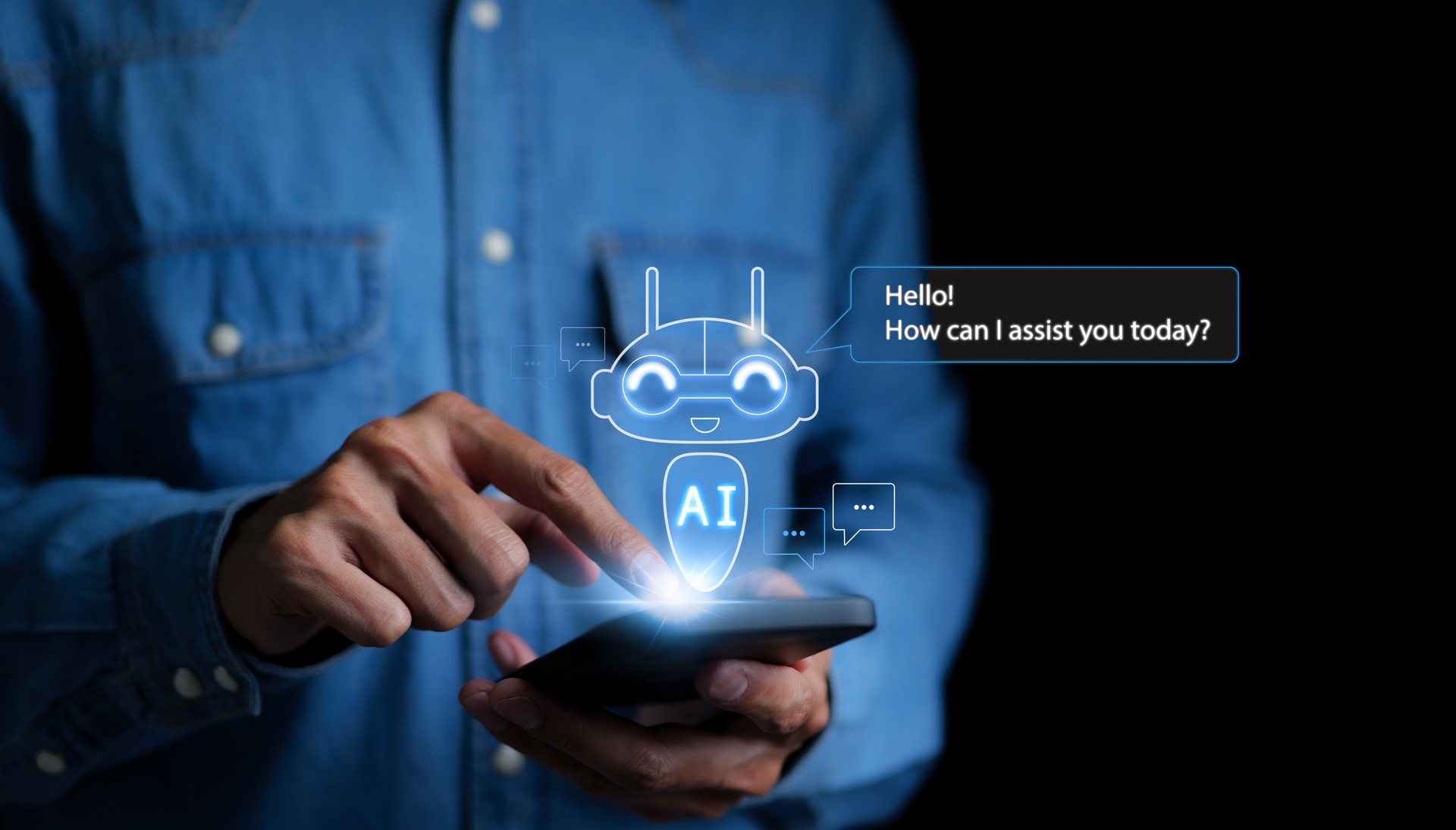 A.I., Chat with AI, Artificial Intelligence. Man using a smartphone chatting with an intelligent artificial intelligence asks for the answers he wants. by enter command prompt for generates,